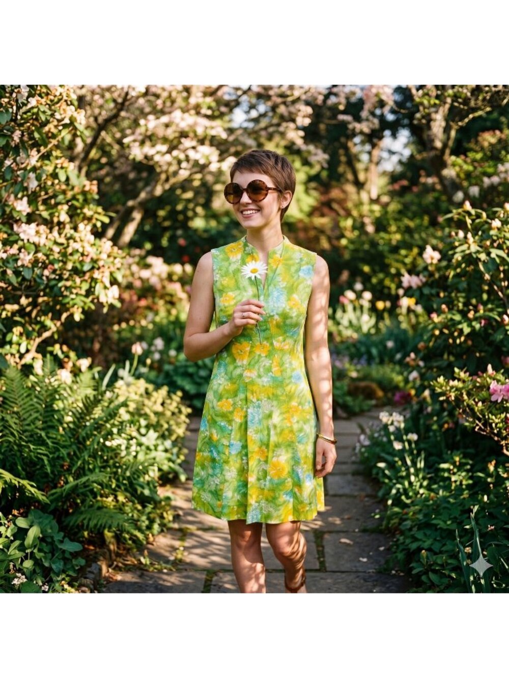 Vintage 70s Green Floral Mini Dress Cotton Sleeveless Shift Mod Retro Medium
